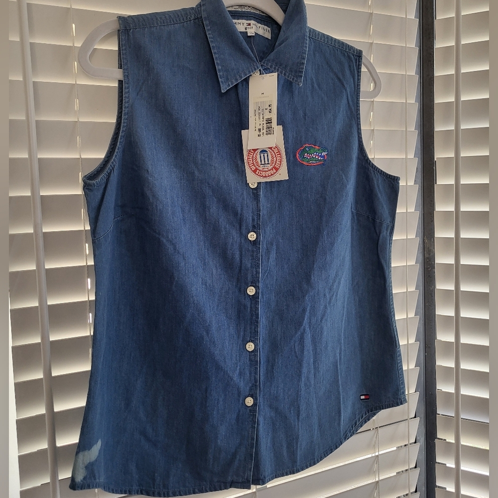 NWT GATORS Tommy Hilfiger Denim Sleeveless Button Down Shirt